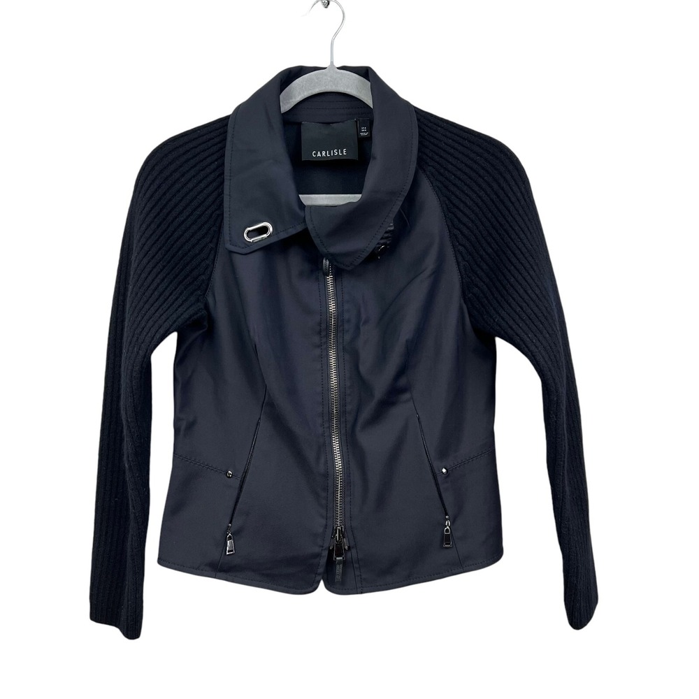 Carlisle Jacket Ribbed Stretch Knit Sleeves Full Zip Black Women Size 6*